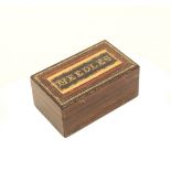 A rosewood Tunbridge ware needlebox of rectangular form, the lid with a fine mosaic panel 'Needles',