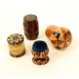 Four pieces of Tunbridge ware, comprising; an acorn form thimble case with stickware top, with a