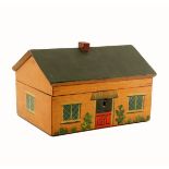 An early 19th century painted Tunbridge ware cottage form small format sewing box, the front with