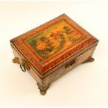 A Regency painted whitewood sewing box, possibly early Tunbridge ware, of sarcophagus form, the