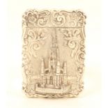 A 'castle top' silver visiting card case, hinged lid, one side deeply embossed with the Scott