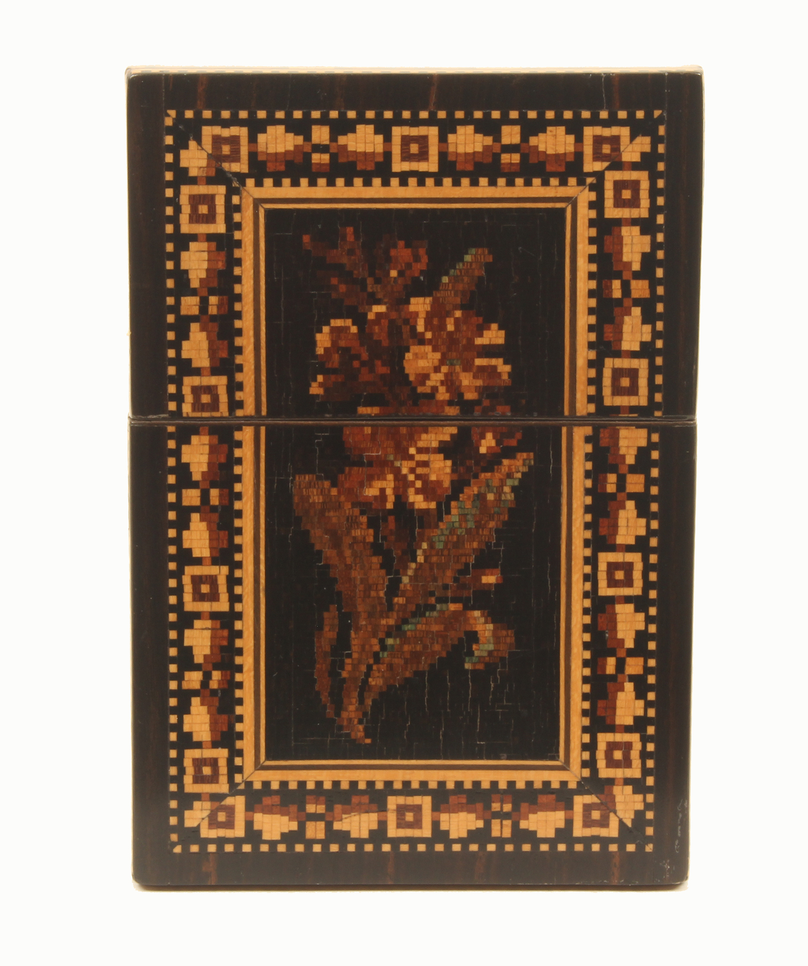 A good Tunbridge ware rectangular visiting card case, pull-off cover, each side with a floral mosaic - Image 2 of 2