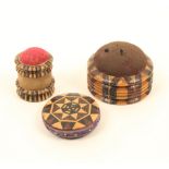 Three pieces of Tunbridge ware, comprising; a stickware combination waxer/pincushion, 3.5cm high,
