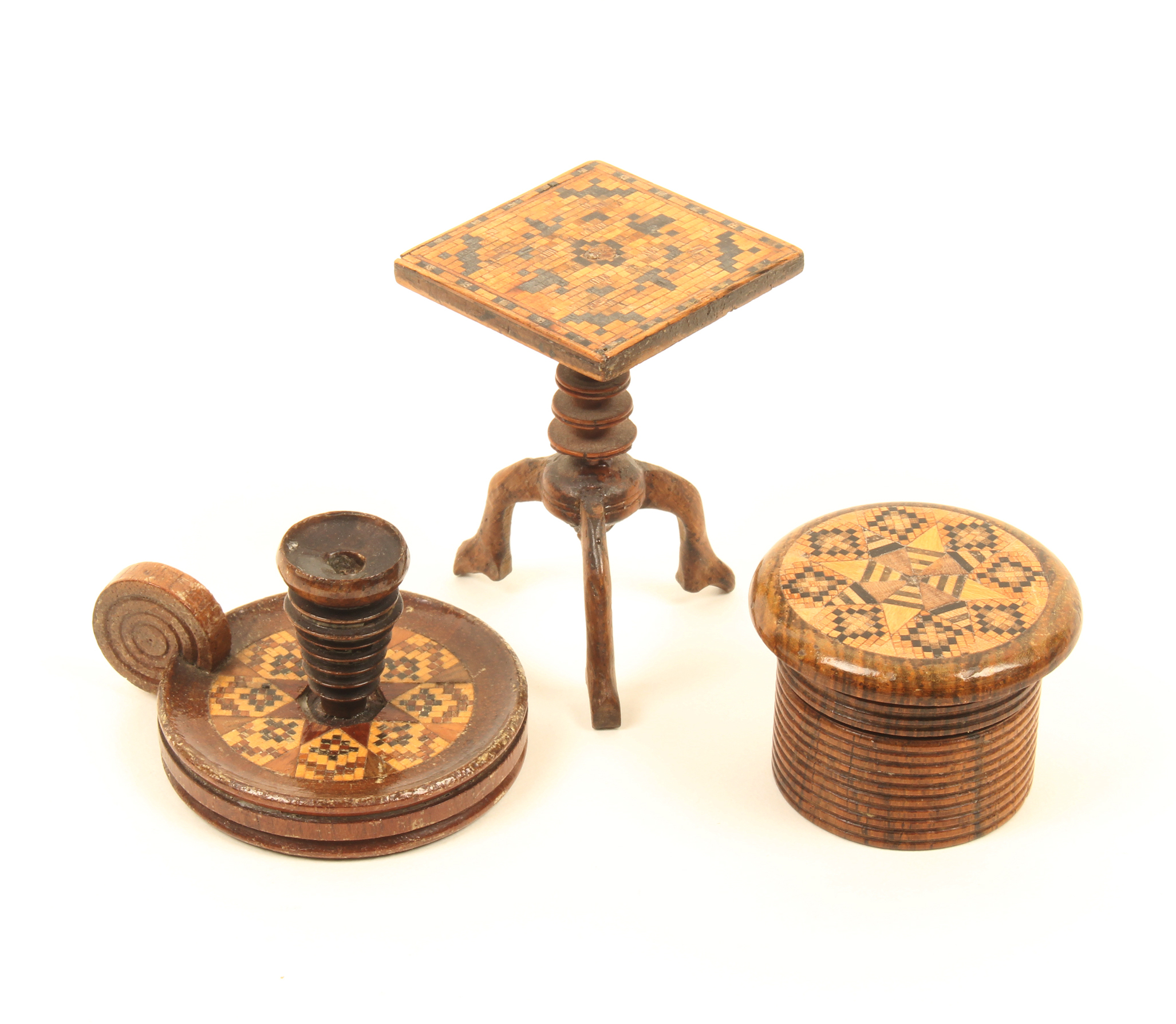 Three pieces of Tunbridge ware, comprising; an unusual miniature tripod table of doll's house