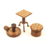 Three pieces of Tunbridge ware, comprising; an unusual miniature tripod table of doll's house