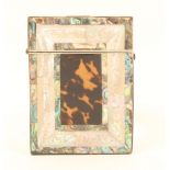 A tortoiseshell and mother-of-pearl visiting card case, circa 1850, hinged lid, both sides with a