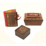 Three pieces of Tunbridge ware, comprising; a rosewood sarcophagus form pincushion with canted