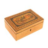 A painted Tunbridge ware white wood sewing box, of rectangular form, the lid with a painted panel of