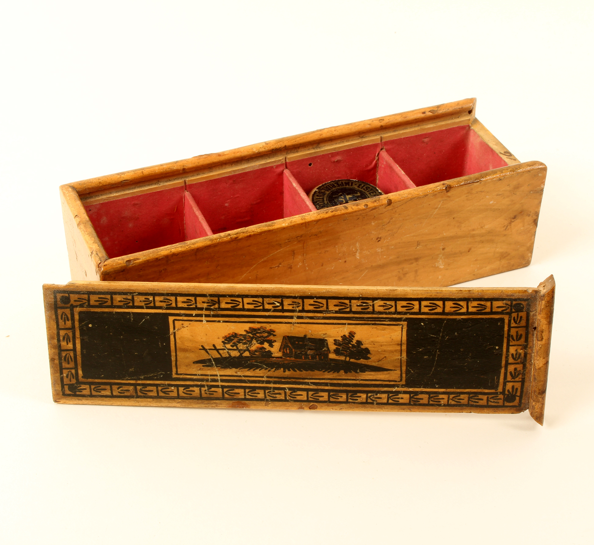 An early painted Tunbridge ware whitewood reel box, of rectangular form, the sliding lid with