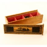 An early painted Tunbridge ware whitewood reel box, of rectangular form, the sliding lid with