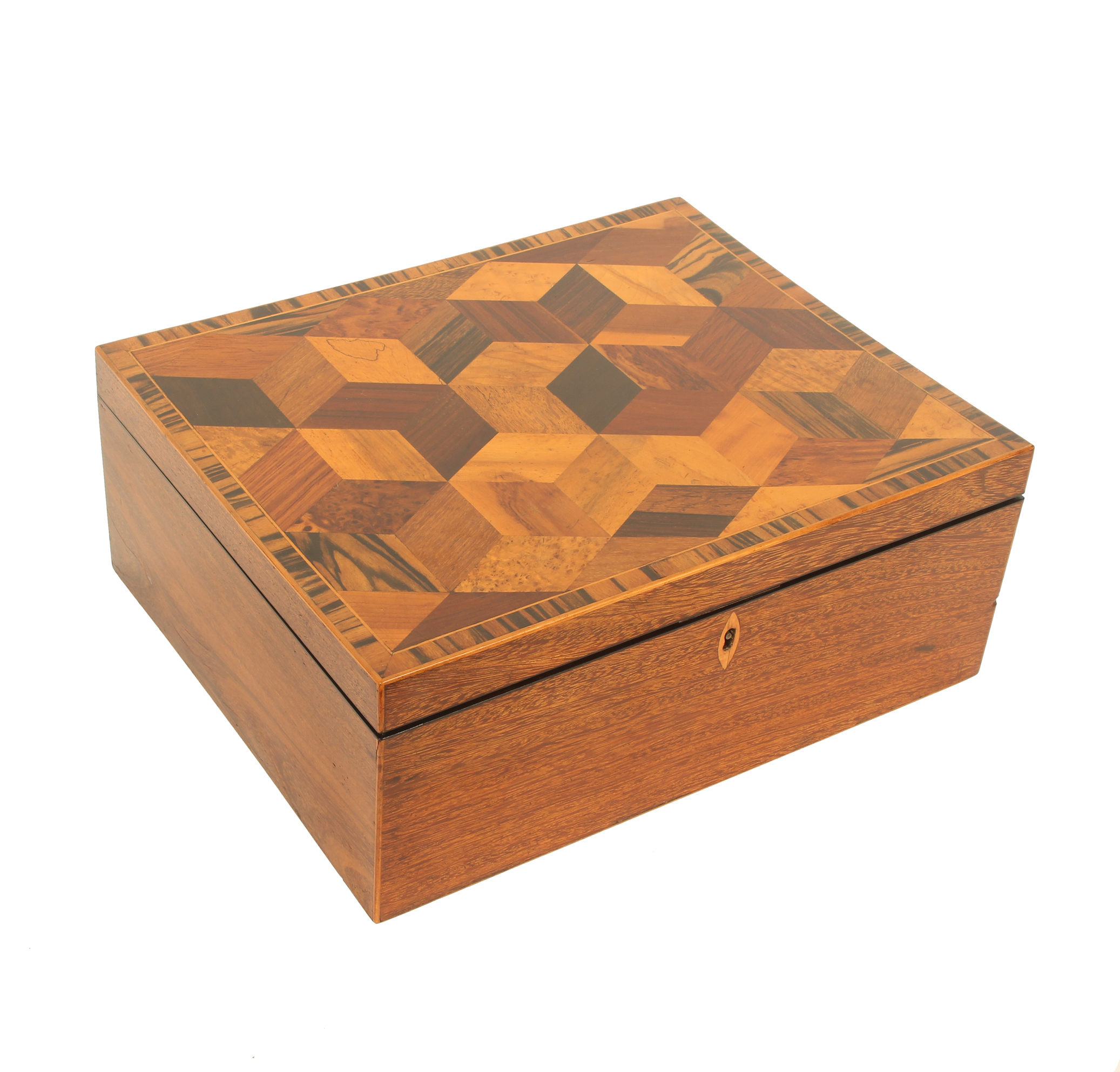 A Tunbridge ware mahogany sewing box of rectangular form, the lid in cube work within a