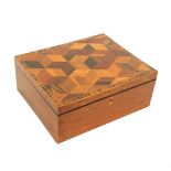 A Tunbridge ware mahogany sewing box of rectangular form, the lid in cube work within a