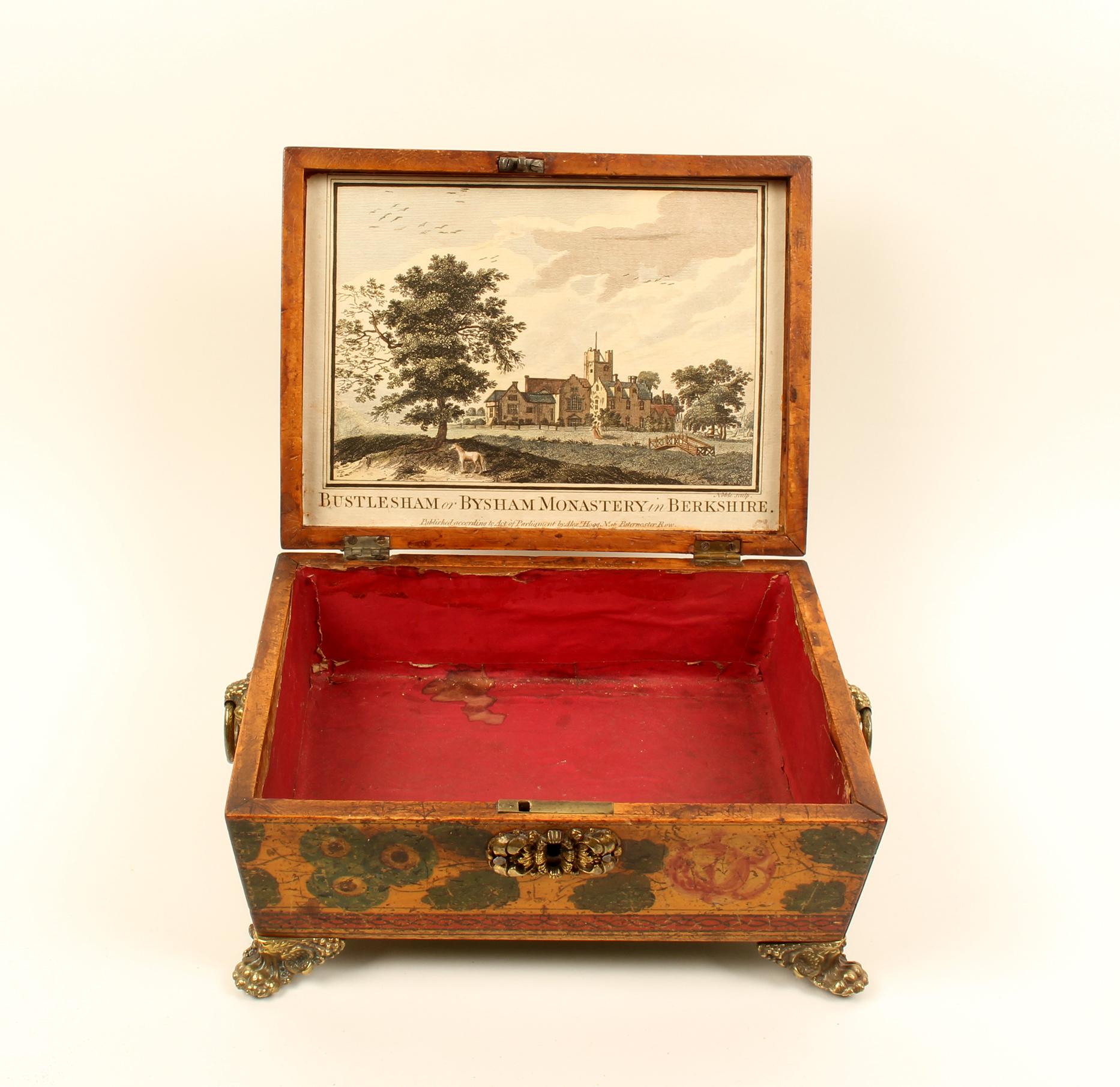 A Regency painted whitewood sewing box, possibly early Tunbridge ware, of sarcophagus form, the - Image 2 of 2