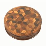 A Tunbridge ware rosewood circular table snuff box, the slightly domed lid with a full panel of cube