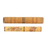 Two split and stained straw work skein holders, both of oval section, one decorated with floral