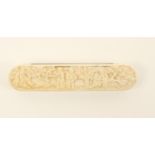 A 19th century Canton carved ivory toothpick case of rounded end rectangular form, carved to both