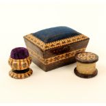 Three pieces of Tunbridge ware, comprising; a rosewood sarcophagus form pincushion with geometric
