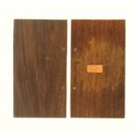 A pair of oak boards for a needlebook, one with inset engraved copper plaque 'Wood and Cooper -