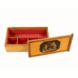 An early painted Tunbridge ware whitewood rectangular reel box, the sliding lid with a panel of