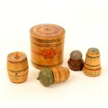 Four pieces of painted Tunbridge ware, comprising; a cylinder reel box with line painting and