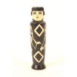 A French plastic figural needlecase, circa 1930, of tapering cylinder form, of a young woman in jazz