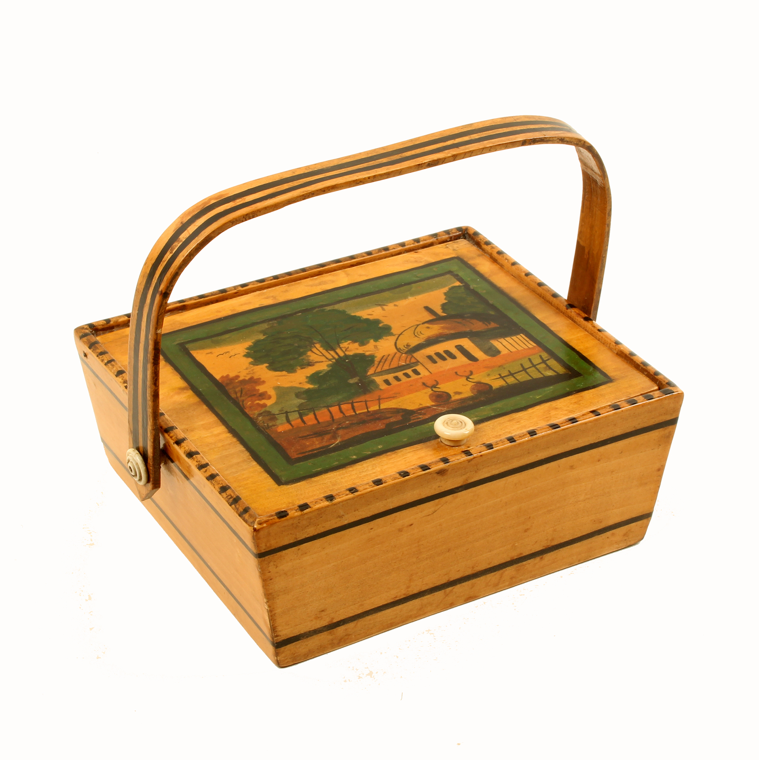 An early painted Tunbridge ware small format sewing pannier, line painted sloping sides with pin