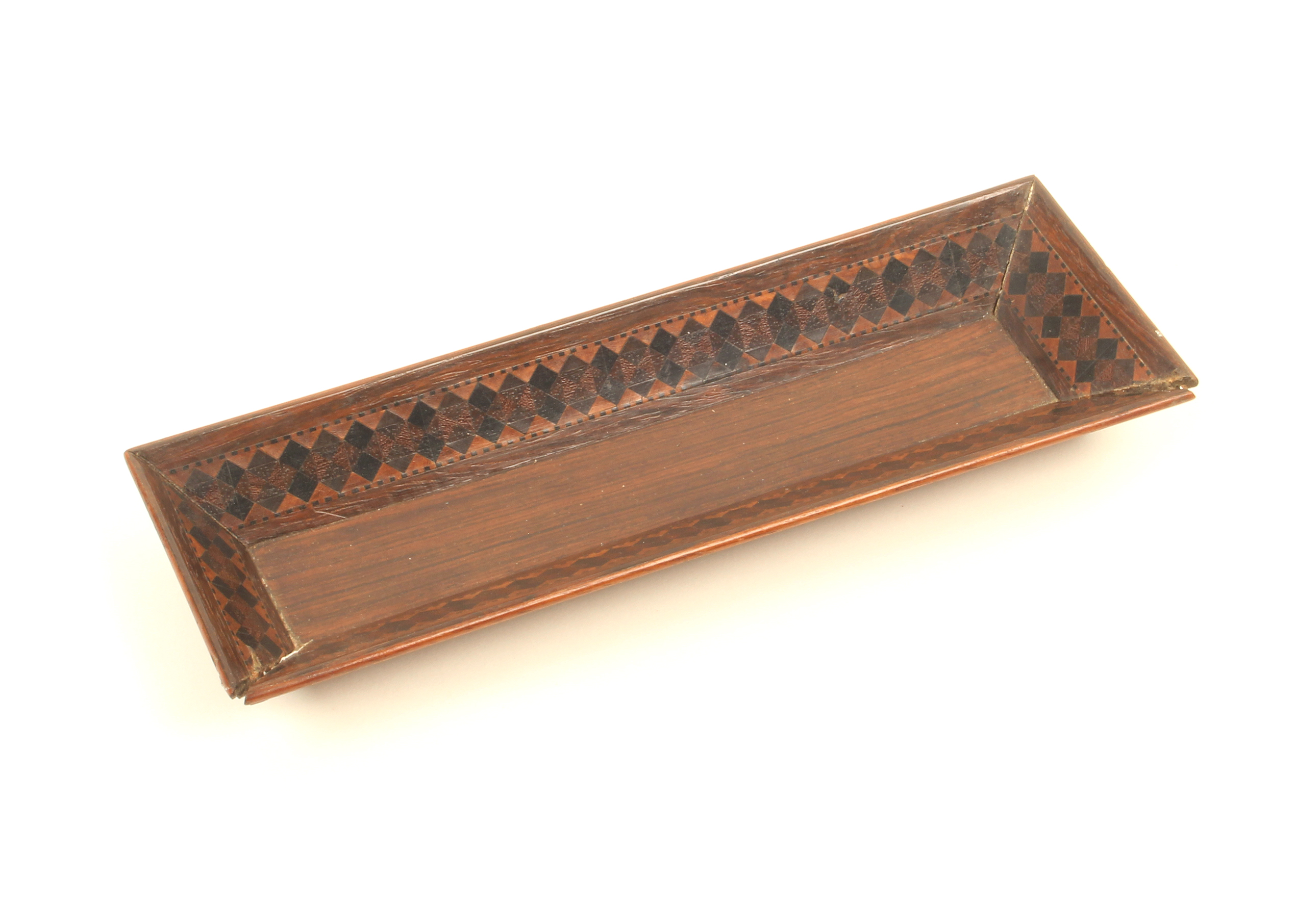 A Tunbridge ware rosewood rectangular pen tray, the canted sides inset with a broad banding of