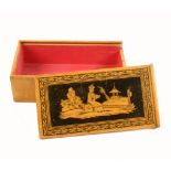 An early painted Tunbridge ware whitewood rectangular box, the sliding lid with a silhouette