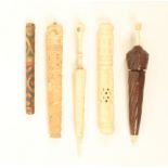 Five needlecases, comprising; a bone example as a furled umbrella, 10.5cm, a carved Cantonese