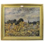 An indistinctly signed Hungarian Oil Painting on Canvas of a field of sunflowers. 20" (51cms) x
