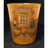 An amber bubble glass Vase printed and painted with a scene of Dicken's House, London, and various