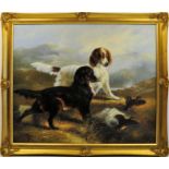 A modern indistinctly signed Oil on Canvas of gun dogs and grouse, 19" (48cms) x 24 (61cms).