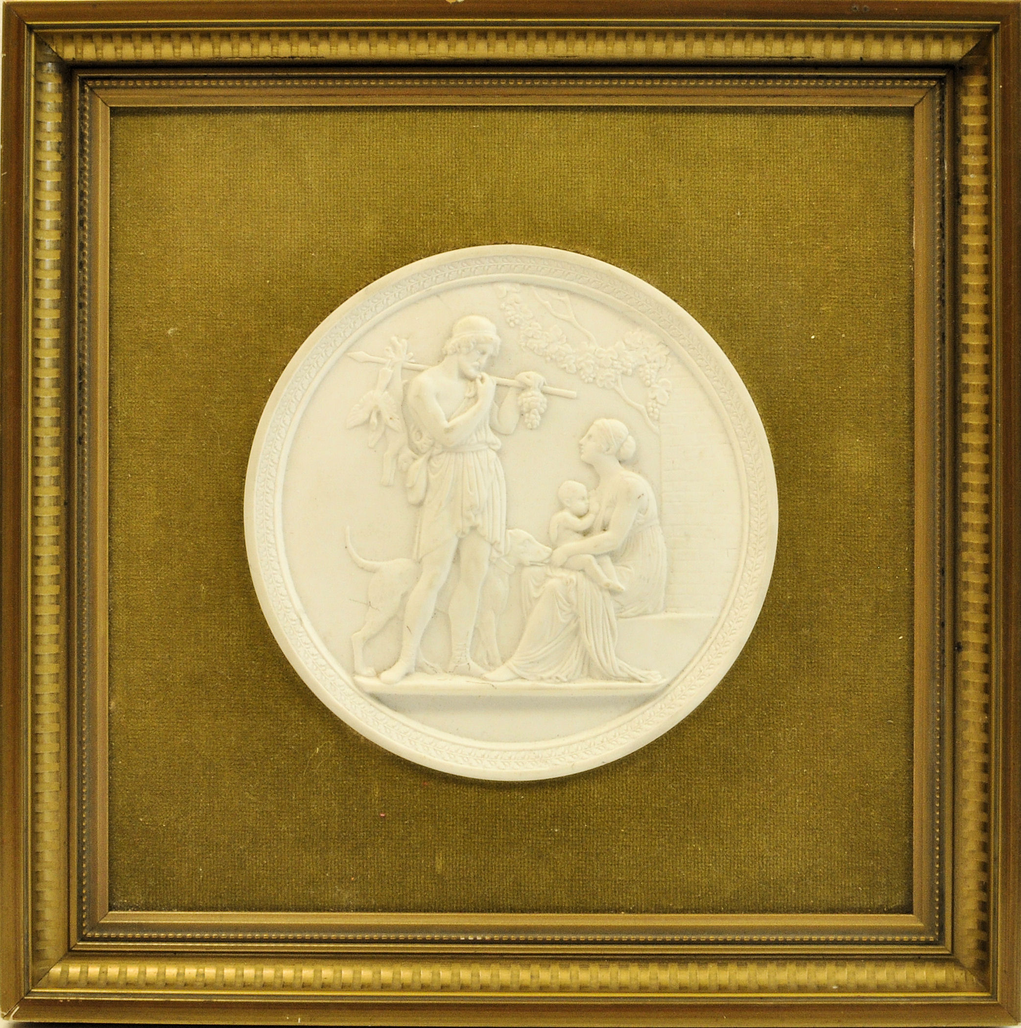 A Copenhagen Parian ware Plaque decorated with raised classical figures, 5 1/2" (14cms) diameter,