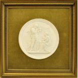 A Copenhagen Parian ware Plaque decorated with raised classical figures, 5 1/2" (14cms) diameter,