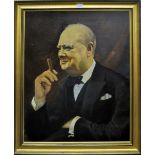 Unsigned half length Oil Portrait on Canvas of Winston Churchill wearing a bow tie and smoking a