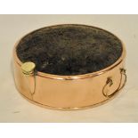 A 19th Century copper Carriage Foot Warmer with brass filler cap and handles. 10" (25cms) diameter.