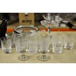 A pair of etched glass Rummers, six cut Whisky tumblers, six smaller tumblers, glass tazza and a