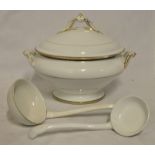 A two handled Soup Tureen with cover and ladle with gilt decoration and the retailers mark of 'V