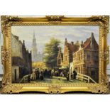 A modern unsigned Oil on Board of a Continental town scene, in gilt frame. 23 1/2" (60cms) x 35 1/2"