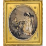 A 19th century oval Mezzotint of an interior scene in a gilt frame.