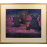 JOHN MACKIE (Scottish born 1953); still life Pastel of Jugs on a shelf, signed. 17" (43cms) x 21" (