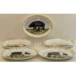 A set of five Wedgwood oval shallow Dishes, each painted with pigs and piglets by Marion Holmes, 11"