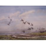 ROBERT W MILLIKEN (1920- ) "Teal in Flight over Wetlands", Watercolour, signed, 21" (54cms) x 29" (