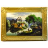 A Victorian Oil Painting on glass of a River Landscape, 15" (38cms) x 24" (61cms) in gilt frame.