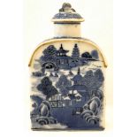 A Chinese Export Tea Caddy decorated in blue and white with buildings and landscapes. 6 1/2" (14cms)