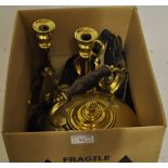 A pair of Victorian brass Candlesticks with push up ejectors, 9 1/2" (22cms) high, two short leather