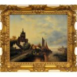 An indistinctly signed Oil on Board of a Dutch river landscape with sailing vessels, buildings,