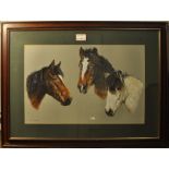 LESLEY DAWSON; Watercolour study of three horses' heads, signed and dated 1992, 19 1/2" (50cms) x