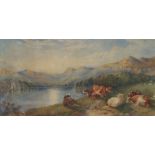 Indistinctly signed, 19th Century, Watercolour of cattle on the edge of a Loch. 13 1/2" (34cms) x