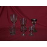 An 19th century etched glass Rummer, two Victorian Ice-cream Glasses, an etched glass Tumbler
